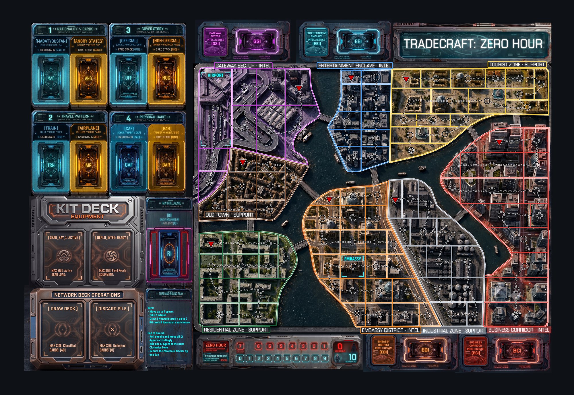 Tradecraft: Zero Hour game board — eight color-coded districts